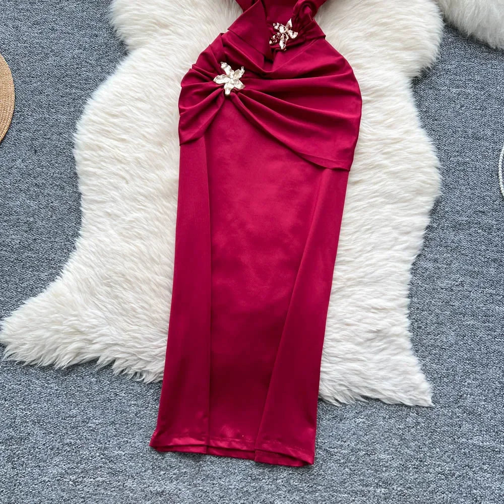 Halter Party Dress Sleeveless Metal 3D Flower - Piña Colada