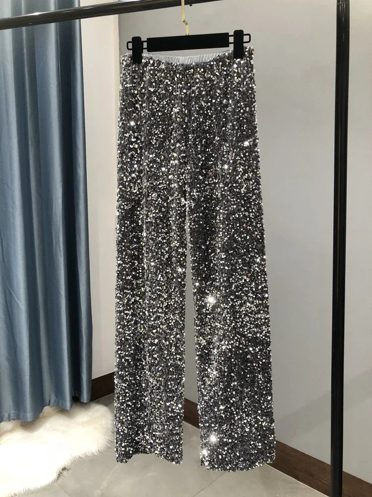 Sequined Wide-Leg Floor-Length Pants – High Waist Streetwear - Piña Colada