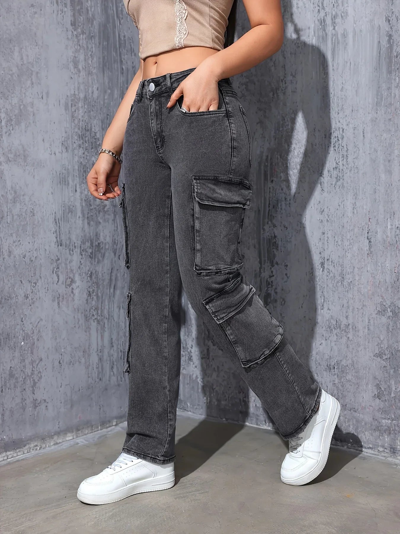 Retro High-Stretch Cargo Jeans - Piña Colada