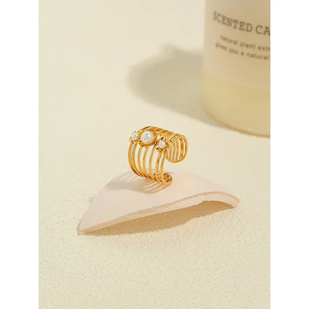 Gold Plated Pearl Aesthetic Wide Ring - Piña Colada