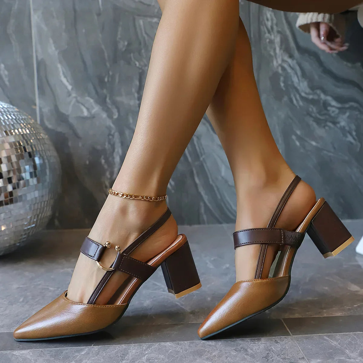 Elegant Pointed Toe Chunky Heel Sandals - Piña Colada