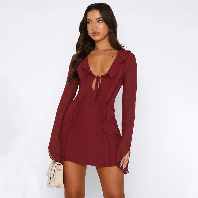 Slim Mini Dresses V-neck Ruffles - Piña Colada
