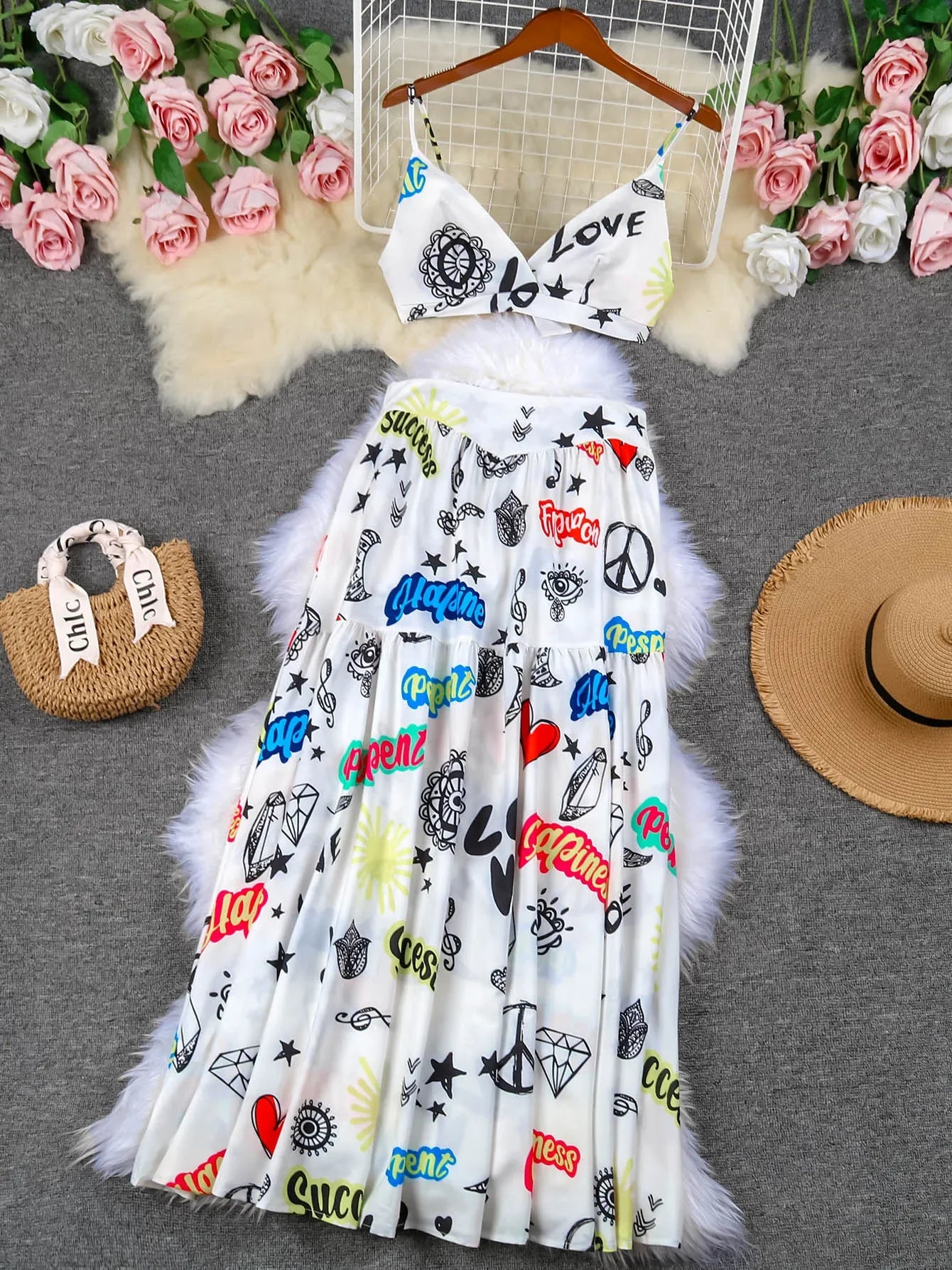 Hand-Painted Oversized 2-Piece Set – Backless Crop Top & Flowing Skirt - Piña Colada