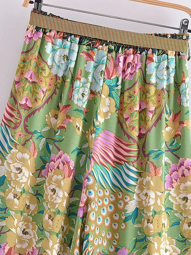 Peacock Floral Print Bohemian Wide Leg Pants - Piña Colada