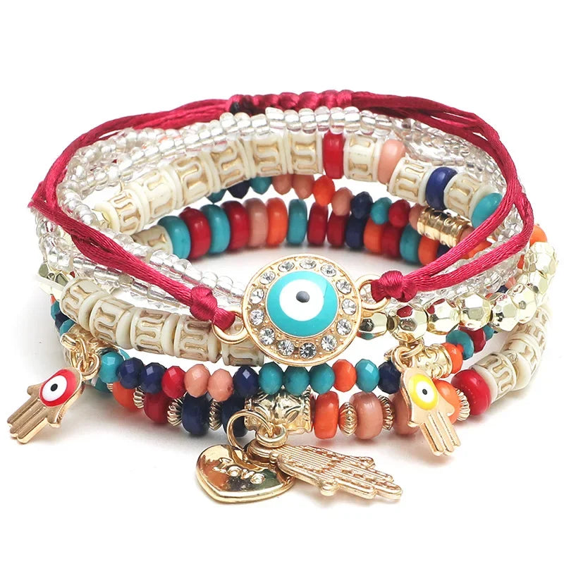Bohemian Evil Eye Tassel Bracelet Set - Piña Colada