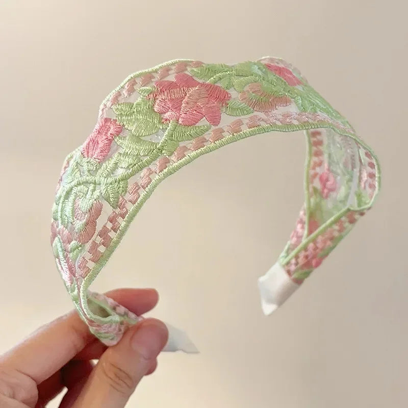 Embroidered Flower Headband - Piña Colada