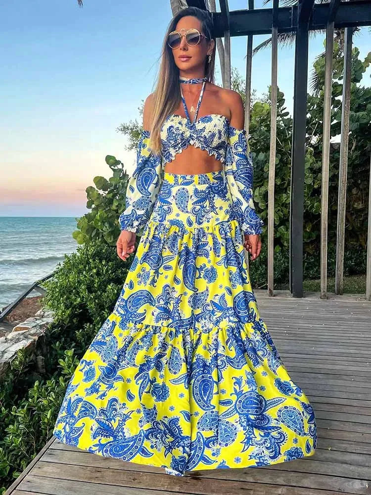 Hand-Painted Oversized 2-Piece Set – Backless Crop Top & Flowing Skirt - Piña Colada