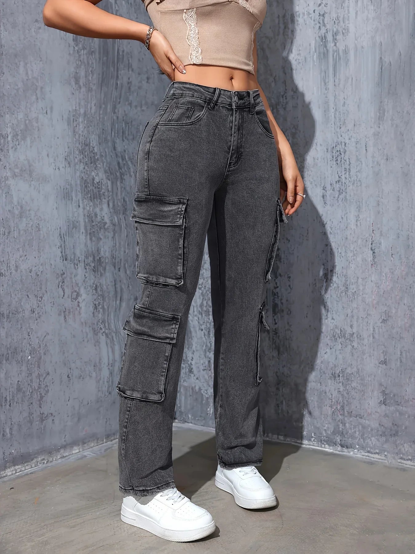 Retro High-Stretch Cargo Jeans - Piña Colada