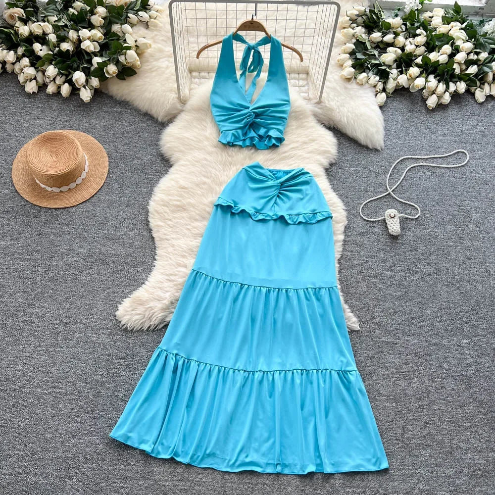 Ruffled Halter Top & Long Skirt Set - Piña Colada