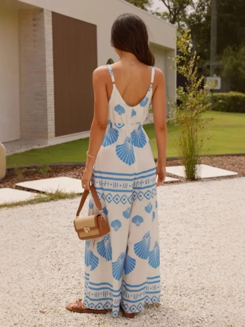 Woman Jumpsuits Elegant Summer Printed V Neck Sleeveless - Piña Colada