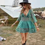 Bikini Cover-up Deep V-neck Short Sleeve Dress - Piña Colada