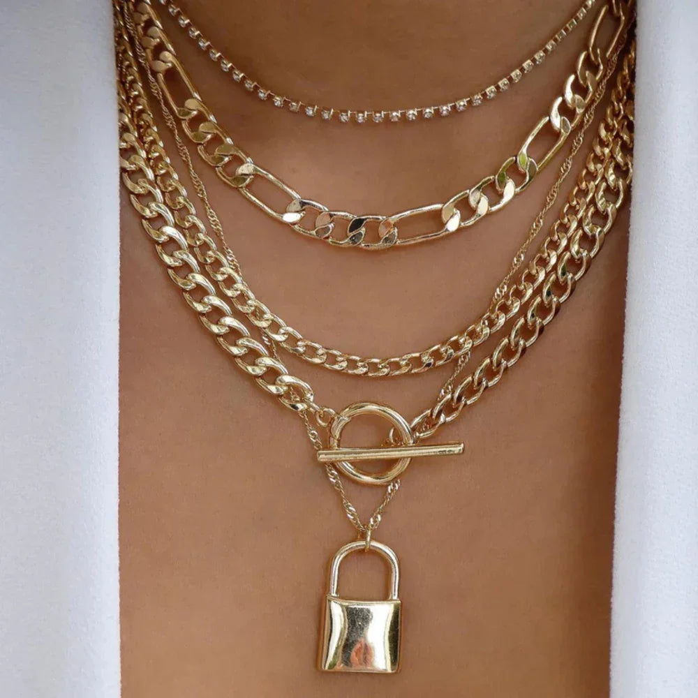 Boho Multi-Layer Gold Crystal Pendant Necklace Set - Piña Colada