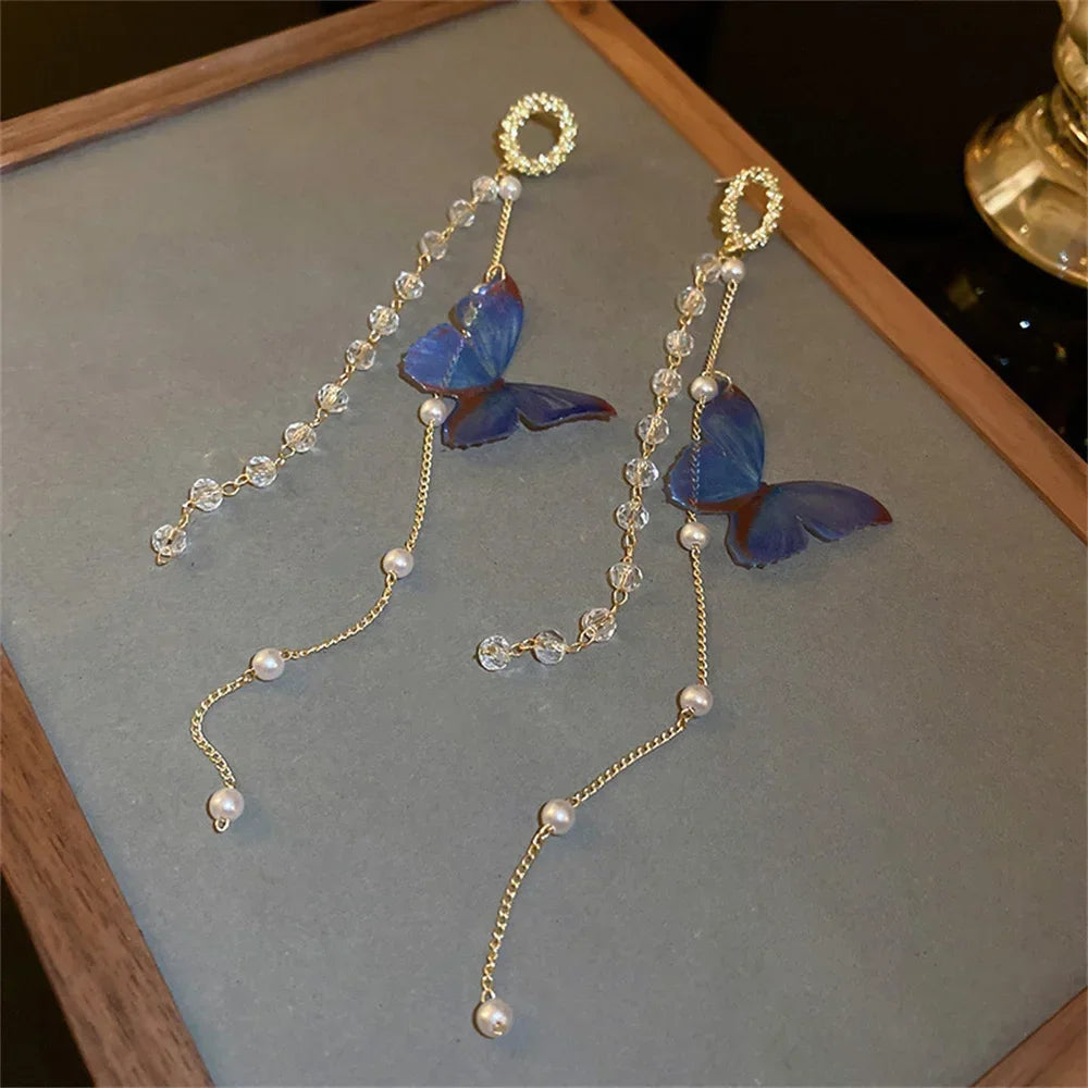 Zircon Crystal Pearls Long Tassel Butterfly Earrings - Piña Colada