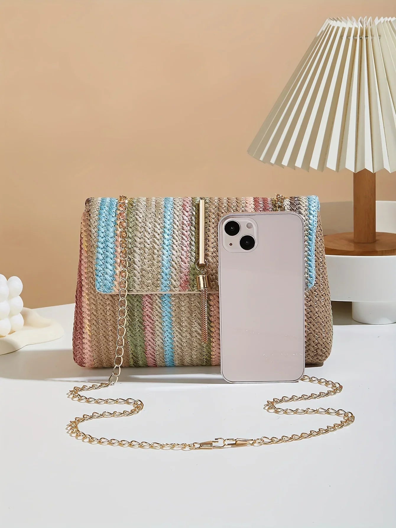Chic Rainbow Stripe Straw Crossbody - Piña Colada