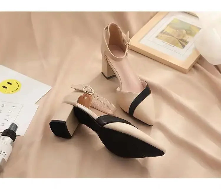 Square Heel Pointed Buckle PU Leather - Piña Colada