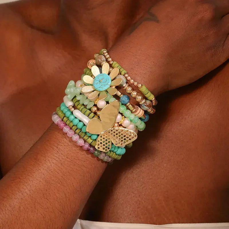 Statement Boho Beads Bracelet with Flower - Piña Colada