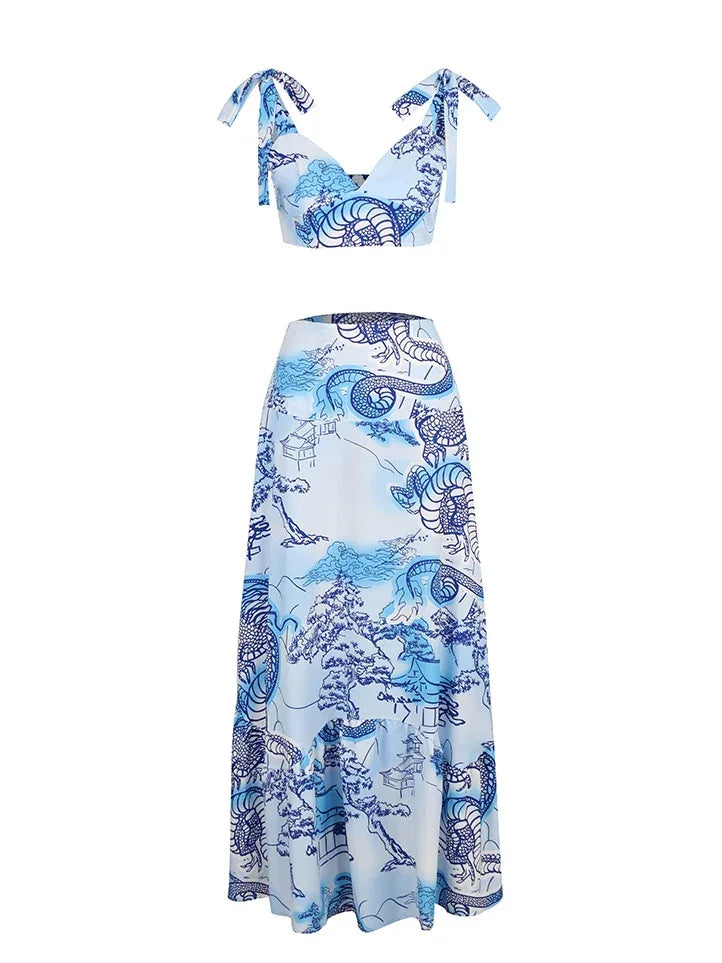 Hand-Painted Oversized 2-Piece Set – Backless Crop Top & Flowing Skirt - Piña Colada