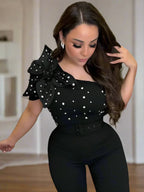 New One Shoulder Beaded Floral Decorate with Belt Black Jumpsuits - Piña Colada