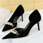 Pointed Toe Pearl Metal Chain Side Chain Pumps - Piña Colada