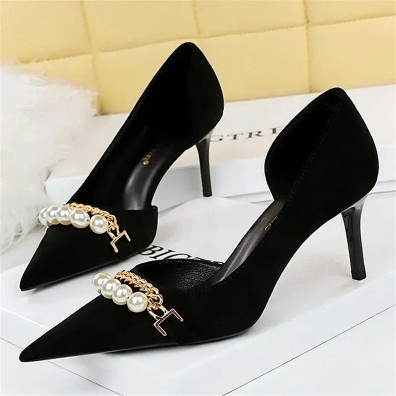 Pointed Toe Pearl Metal Chain Side Chain Pumps - Piña Colada