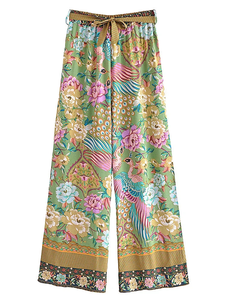 Peacock Floral Print Bohemian Wide Leg Pants - Piña Colada