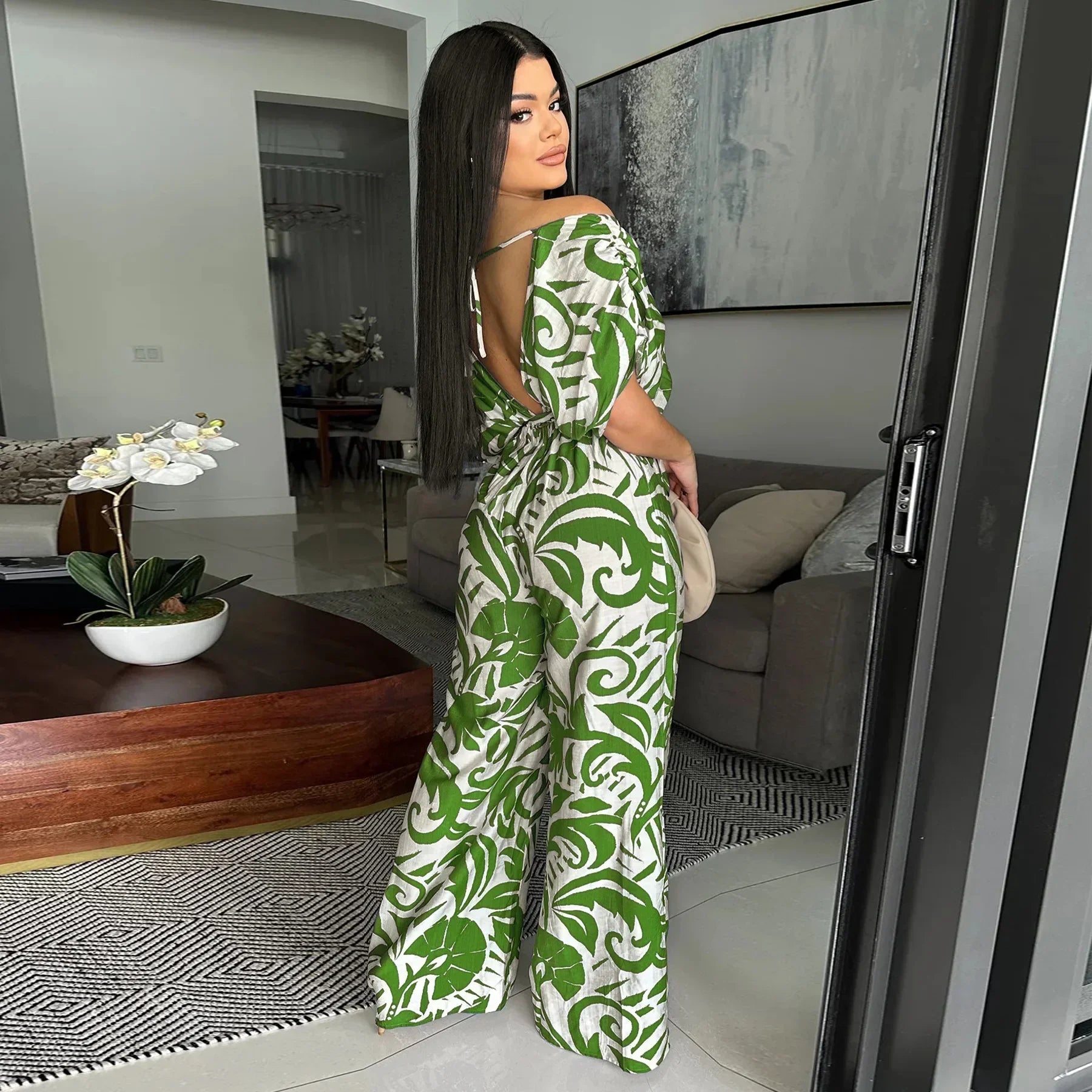 Women Leaf Printed Vintage Short Sleeve Wide Leg Jumpsuits - Piña Colada