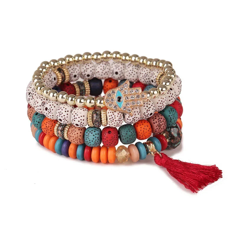 Bohemian Evil Eye Tassel Bracelet Set - Piña Colada