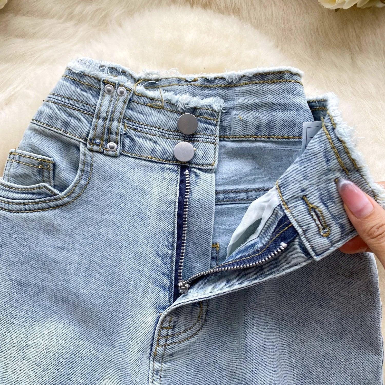 High-Waisted Flared Denim Pants with Faux Zippers – Streetwear Style - Piña Colada