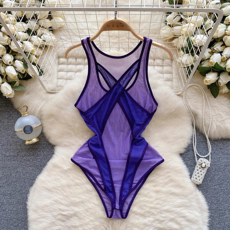 Mesh Hollow Out Long Sleeve Bodysuit - Piña Colada