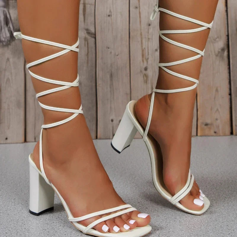 Lace-Up Square Short Heel Sandals for Women - Piña Colada