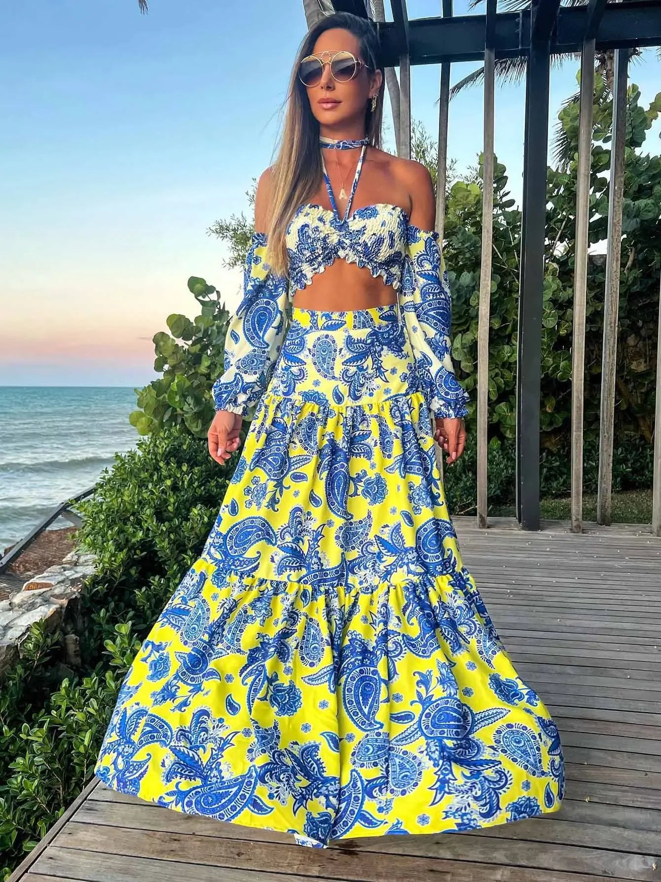 Hand-Painted Oversized 2-Piece Set – Backless Crop Top & Flowing Skirt - Piña Colada
