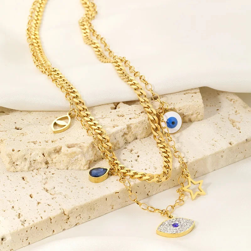 Double Layer Hollow Star & Eye Pendant Necklace - Piña Colada
