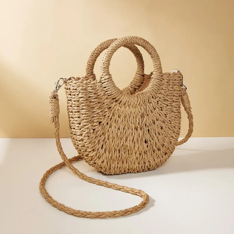Straw Rattan Half-Moon Beach Handbag - Piña Colada