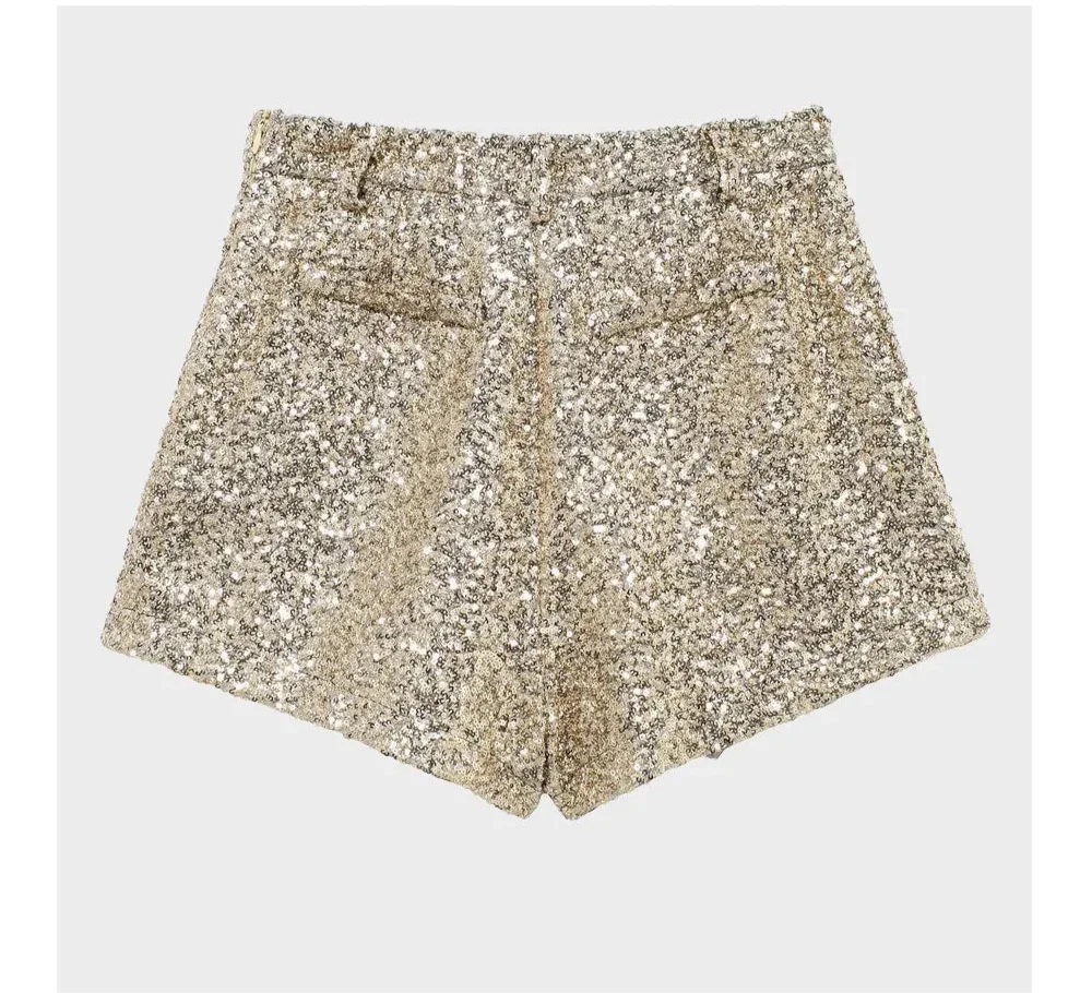 Sequins Mid-waist Casual Shorts - Piña Colada