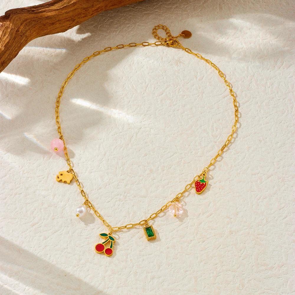 Stainless Steel Pearl Strawberry Necklace - Piña Colada