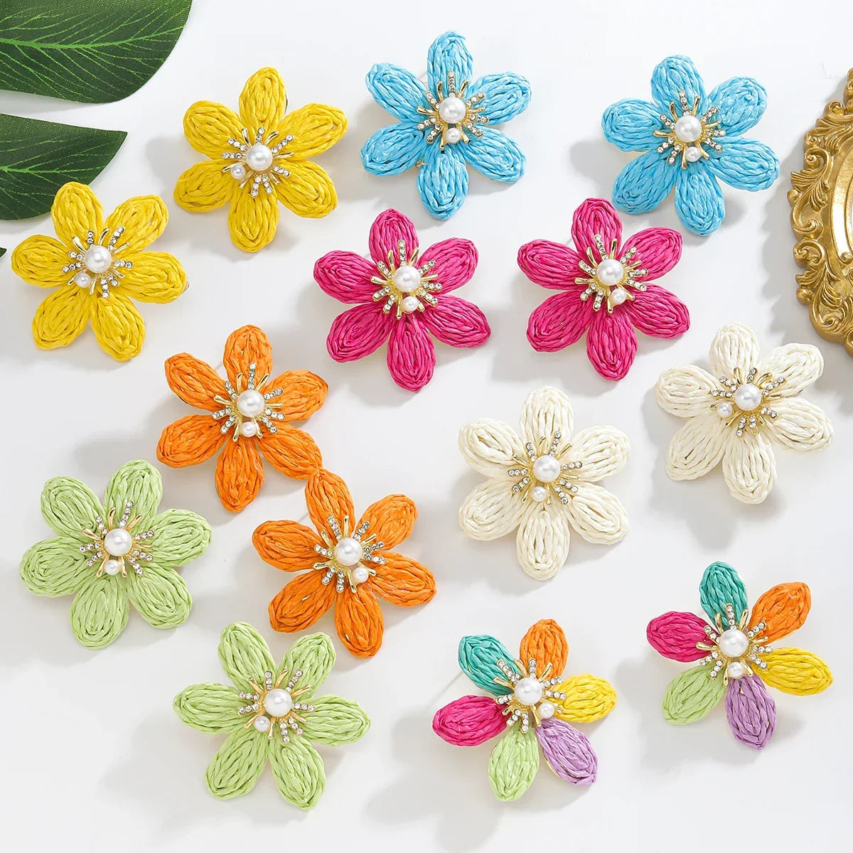 Bohemian Colorful Flower Drop Earrings – Handmade Rhinestone & Pearl Holiday Jewelry for Women - Piña Colada