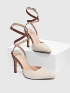 High Heel Canvas Slingback Pumps – Buckle Strap & Pointed Toe - Piña Colada