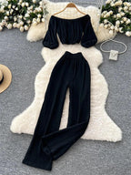 Sweet Slash Neck Lounge Set – Loose Fit Top & Wide-Leg Pants - Piña Colada