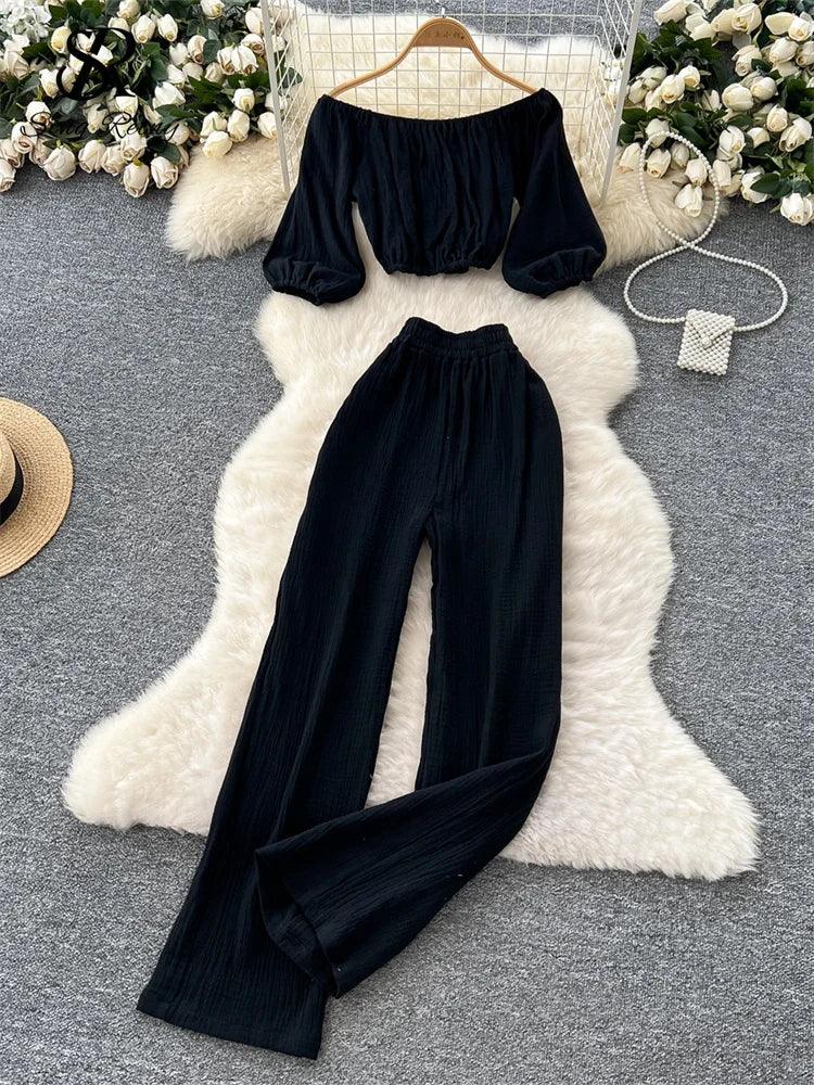 Sweet Slash Neck Lounge Set – Loose Fit Top & Wide-Leg Pants - Piña Colada