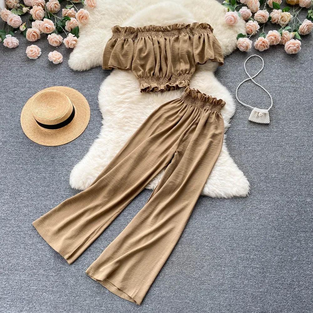 Two Piece Set High Waist Wide Leg Pants - Piña Colada