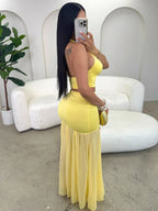 Ruffled Halter Two-Piece Gown Set – Elegant Floor-Length Clubwear - Piña Colada