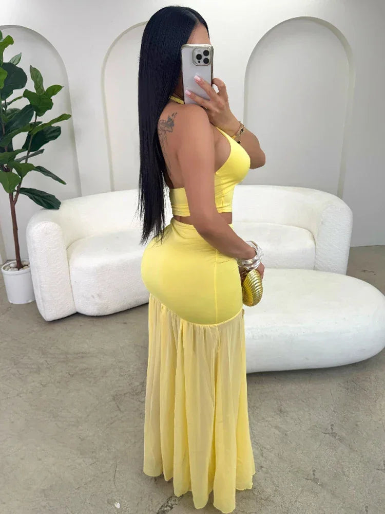 Ruffled Halter Two-Piece Gown Set – Elegant Floor-Length Clubwear - Piña Colada