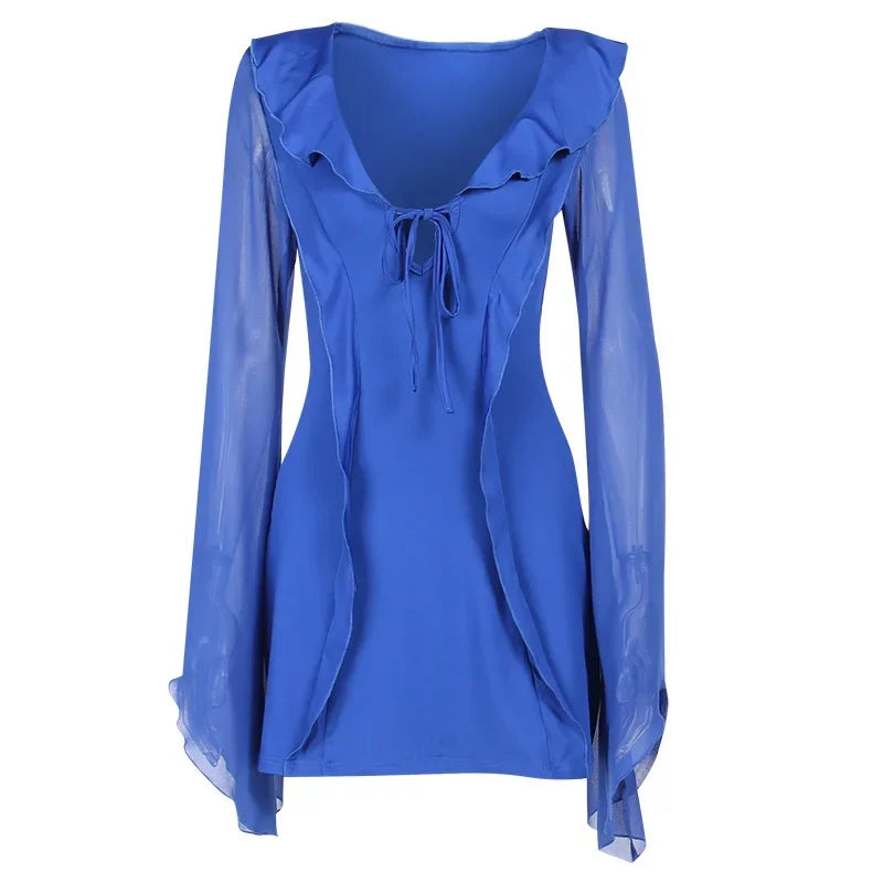 Slim Mini Dresses V-neck Ruffles - Piña Colada
