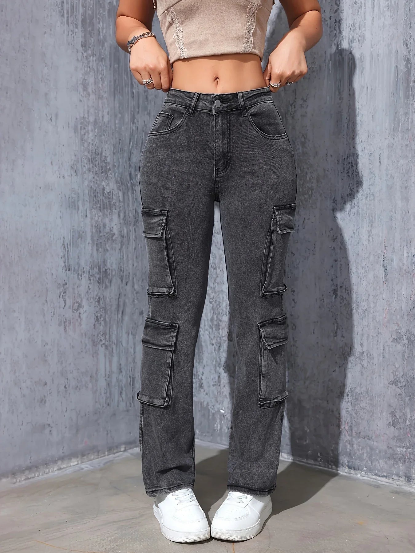 Retro High-Stretch Cargo Jeans - Piña Colada