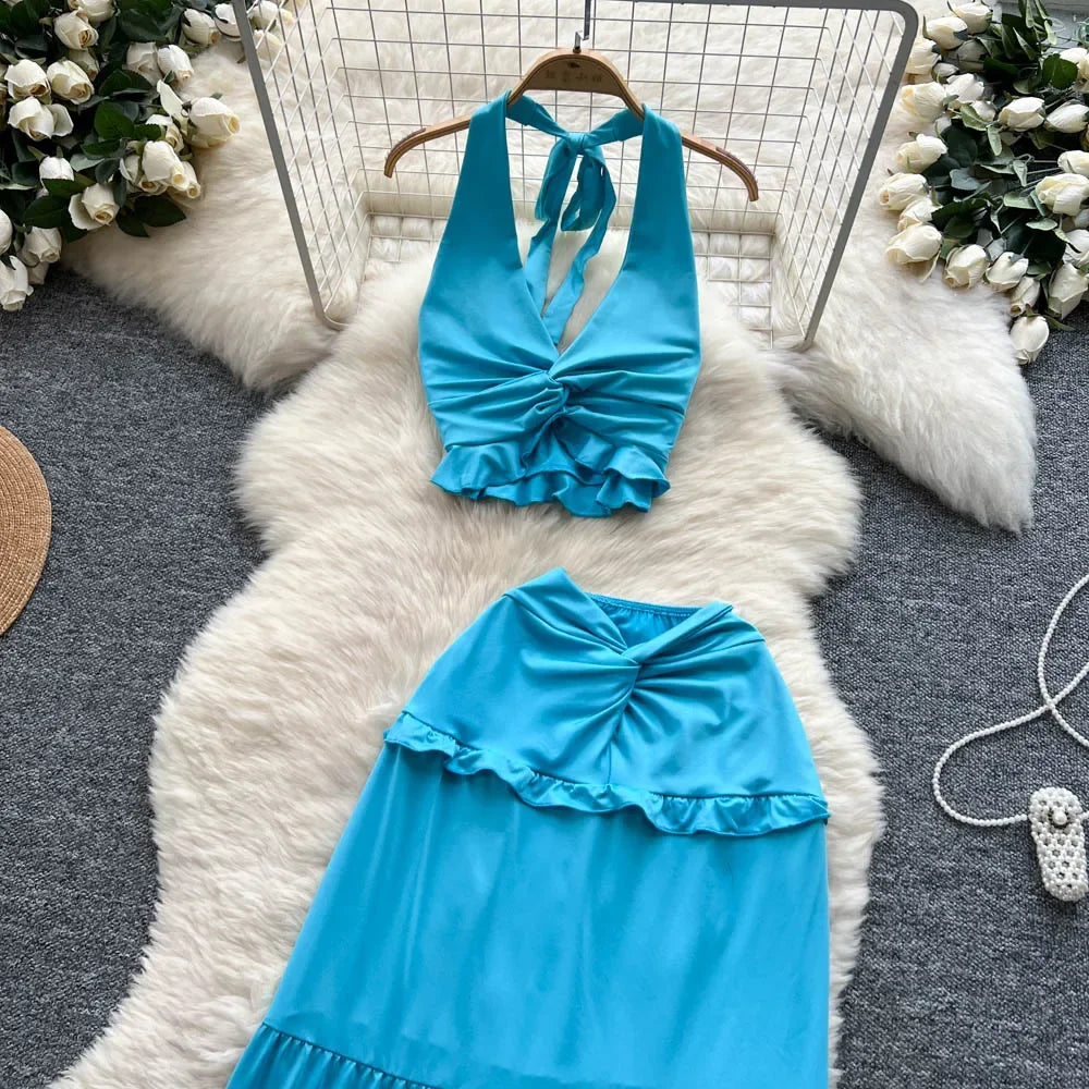 Ruffled Halter Top & Long Skirt Set - Piña Colada