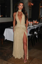 Mozision Sequin V-Neck Floor-Length Dress – Sexy & Club Evening Gown - Piña Colada