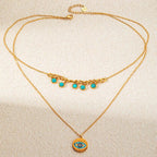Double Layer Heart & Turquoise Evil Eye Necklace - Piña Colada