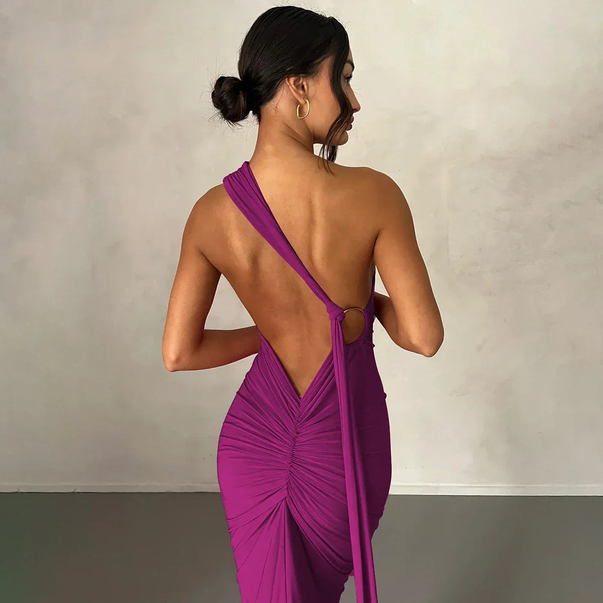 One Shoulder Backless Adjustable Scarf Maxi Dress - Piña Colada