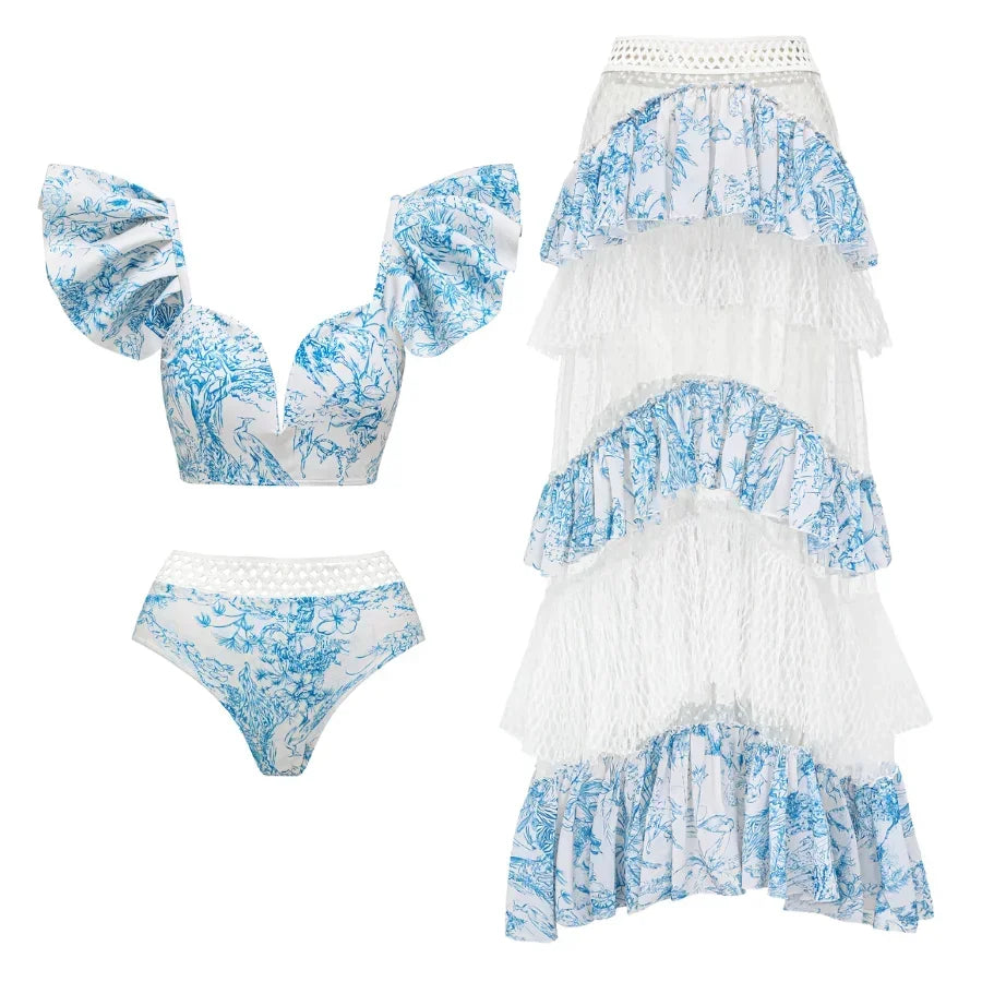 Printed Mesh Contrast Bikini Set with Removable Padding - Piña Colada