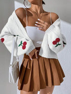 Embroidered Cherry Knit Cardigan - Piña Colada